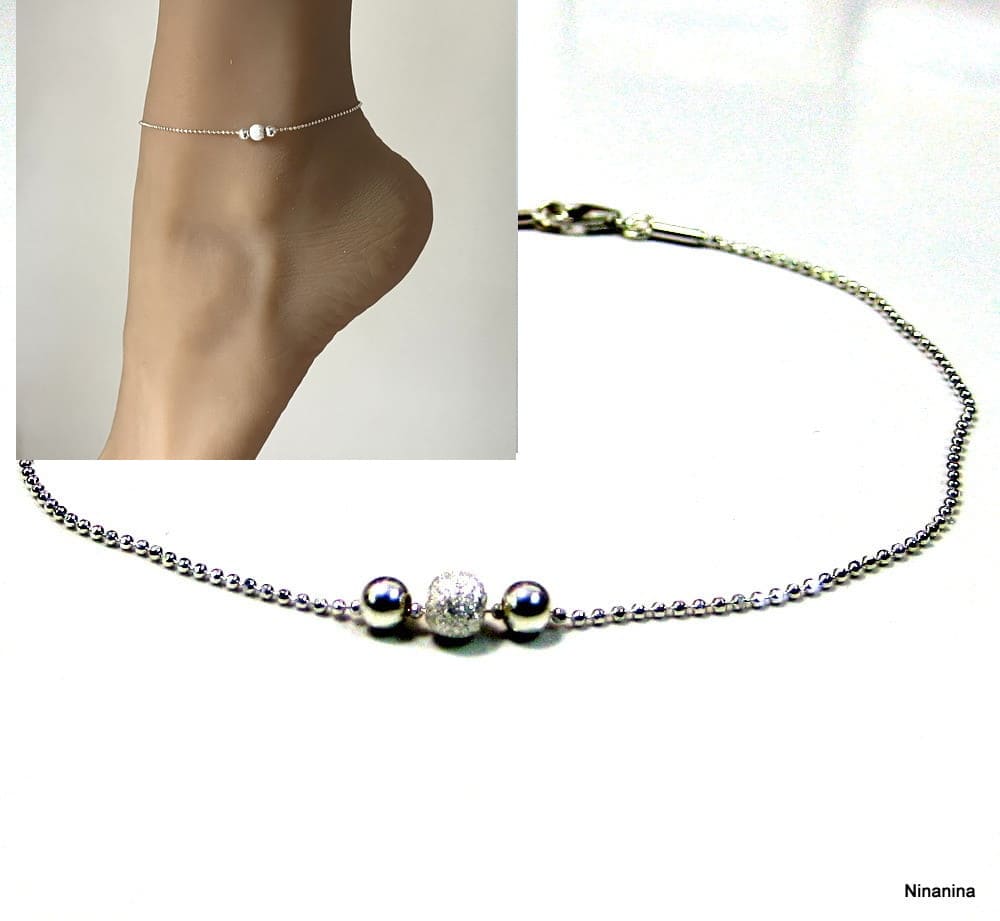 Chaine de cheville en perle Argent 925 lisse et diamantée - Image 8