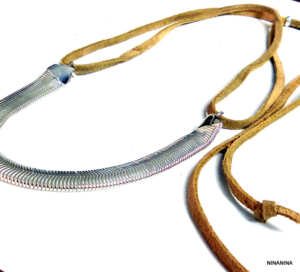 Collier daim et chaine serpent plate plaqué Argent - Image 5