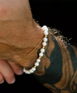 Bracelet Homme Perle Blanche Et Acier Inox Homme