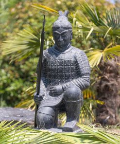 Statue of Chinese Xian warrior kneeling with black antique spear 102 cm